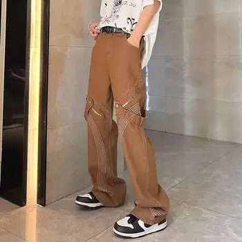 Американский стиль хай-стрит ретро для мужчин и женщин хип-хоп тренд персонализированный дизайн ретро свободные прямые джинсы с широкими штанинами y2k Изображение